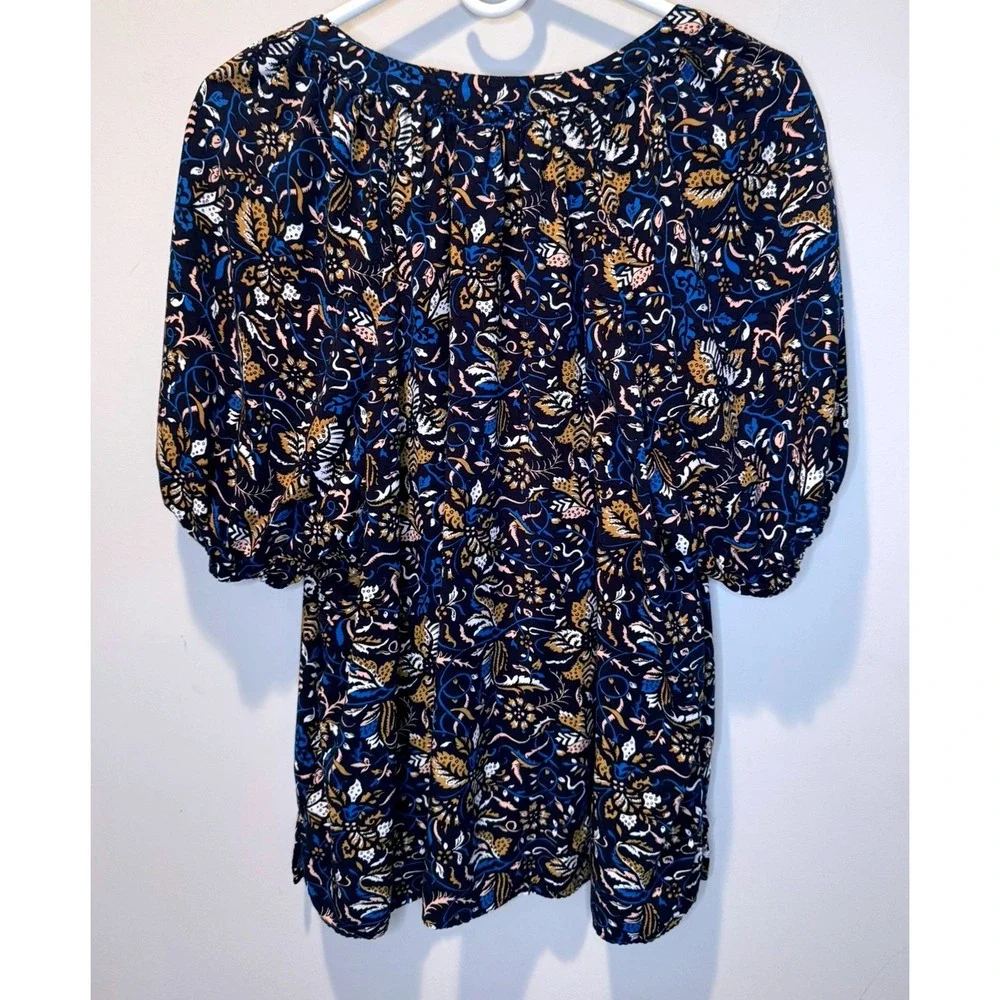 Loft Navy Floral Paisley Puff Sleeve XL Split Neck Rayon Top Boho Peasant
